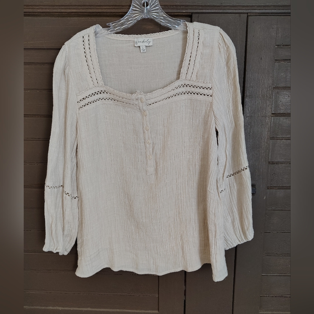 Wonderly Beige Peasant Pullover Top crochet detail Size Large